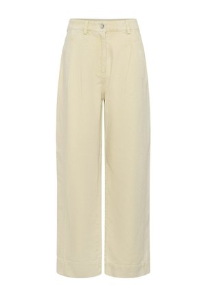 Bež hlače visokog struka širokih nogavica s petljama za remen, zatvaranjem na prednje gumbe i bočnim džepovima.