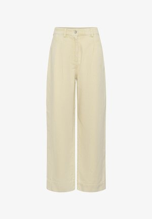 Bež hlače visokog struka širokih nogavica s petljama za remen, zatvaranjem na prednje gumbe i bočnim džepovima.