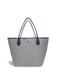 Torba na ramię z geometrycznym czarno-białym wzorem, granatowymi uchwytami i plecioną teksturą. Posiada złote logo na środku.