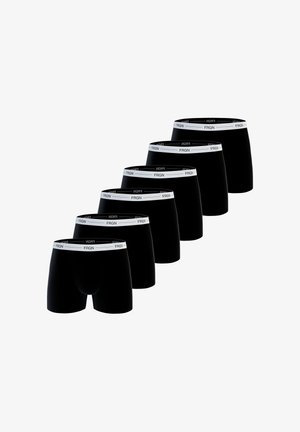 Boxer-briefs noirs en tissu lisse, dotés d'une ceinture élastique blanche portant le texte "FRGN." Six paires disposées en rangée.