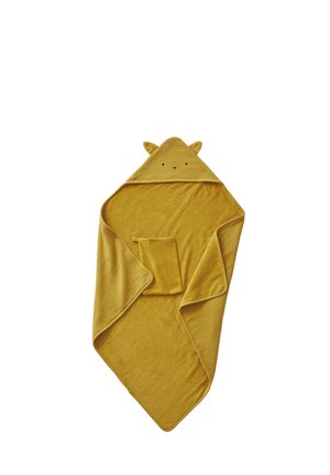 Yellow hooded baby towel with bear ears and simple face embroidery, laid flat with matching washcloth on top.