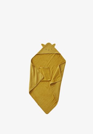 Yellow hooded baby towel with bear ears and simple face embroidery, laid flat with matching washcloth on top.