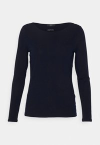 Donkerblauwe longsleeve top met een brede ronde halslijn. Gemaakt van gladde stof, heeft het een slim-fit vorm en een minimalistisch ontwerp zonder versieringen.