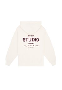 Felpa color crema con una vestibilità comoda. Presenta una tasca frontale, cappuccio con cordoncino e testo stampato in bordeaux scuro sul retro.