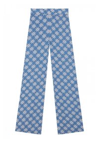 Pantalones de pierna ancha azul con un patrón floral en blanco y rojo. Hechos de una tela ligera con una textura suave.