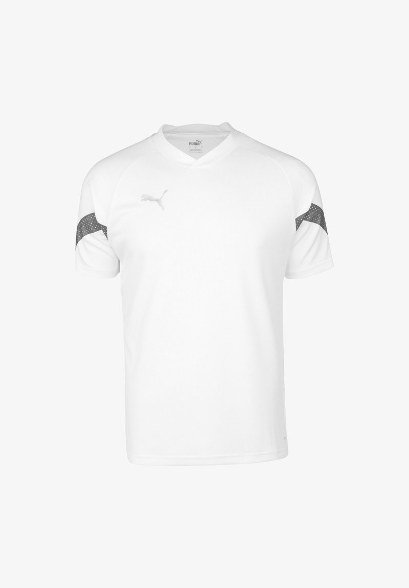 Maillot de sport blanc en tissu respirant avec des manches courtes. Accents noirs à motif sur les épaules. Présente un design à col en V et un logo.