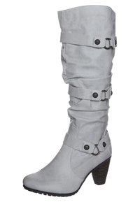 Bottes hautes en simili cuir gris avec un design décontracté, ornées de trois sangles à boucle et d'une surface texturée. Talon carré et bout rond.