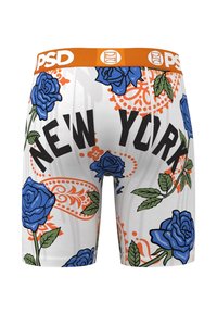 Hvite boxerbriefs med blå roser og grønne blader, med "NEW YORK" i fet svart skrift og en oransje linning.