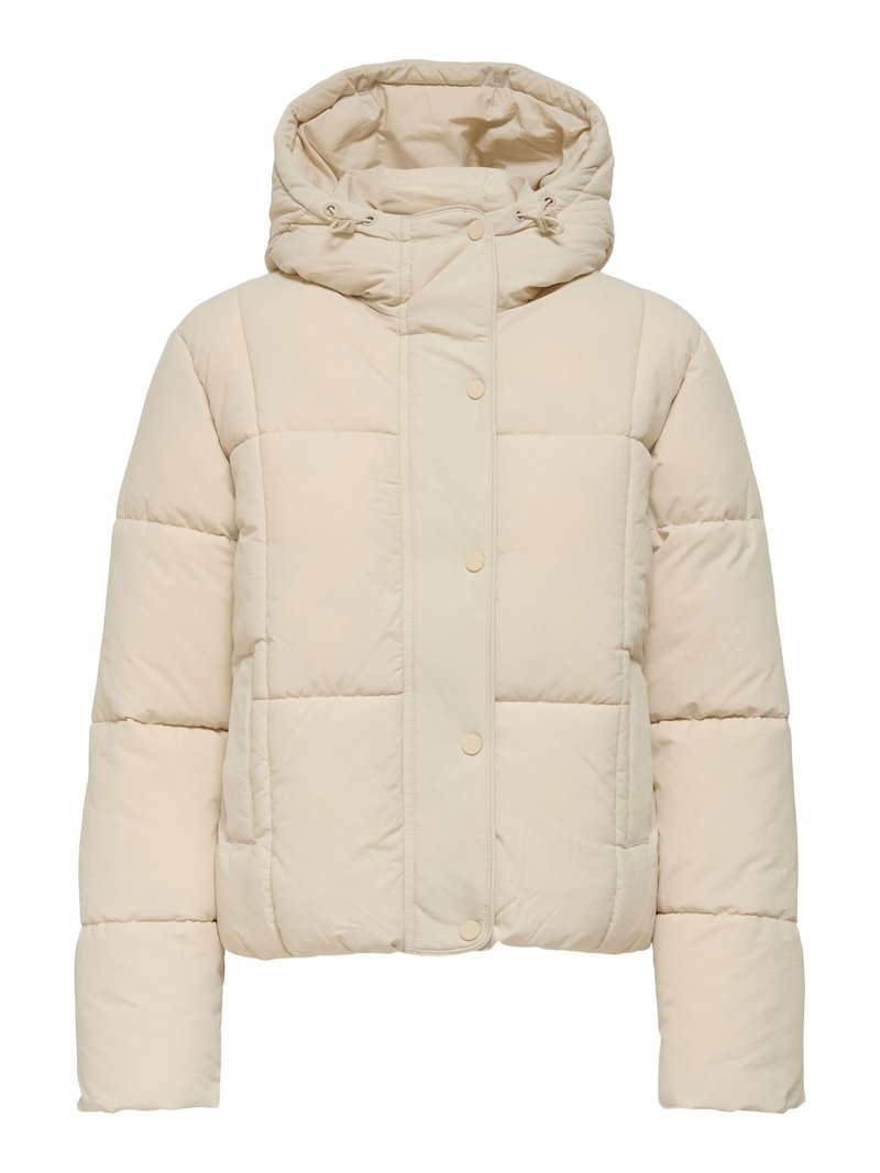 Casaco puffer bege com capuz, apresentando um design acolchoado, botões de pressão e bolsos laterais. Textura suave e acolchoada para aquecimento.