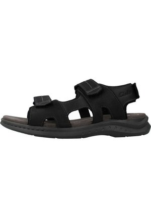 Sandalia de hombre negra con correas de Velcro ajustables, diseño de puntera abierta, suela de goma y plantilla acolchada para mayor comodidad y estabilidad.