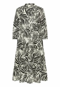 Schwarz-weißes Kleid mit einem Blattmuster, ausgestattet mit einem kragenlosen Ausschnitt, Dreiviertelärmeln und einem gestuften Rockdesign.
