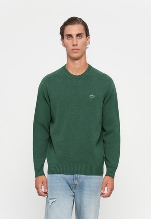 Man met kort haar in een groene trui met ronde hals voorzien van een klein logo op de borst en lichtblauwe ripped jeans, staande tegen een witte achtergrond.