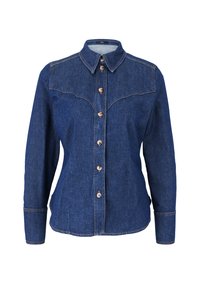 Koszula dżinsowa z zapinanym przodem, wywiniętym kołnierzykiem i długimi rękawami. Posiada szew yoke w stylu zachodnim oraz kontrastowe szwy. Kolor ciemnoniebieski.