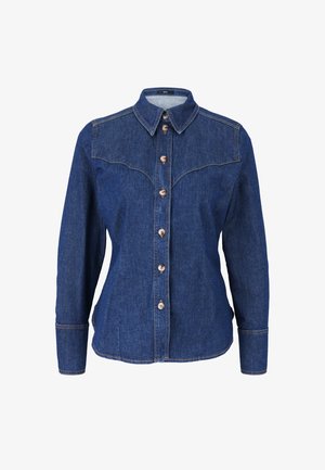 Denimhemd mit Knopfleiste, spitzem Kragen und langen Ärmeln. Verfügt über eine westernmäßige Schulternaht und kontrastierende Nähte. Dunkelblaue Farbe.