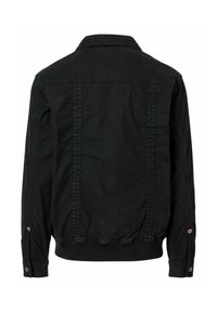 Schwarze Jacke aus Baumwolle, mit einem Knopfkragen, geripptem Saum und Seitentaschen. Der Rücken hat dezente Nähte.