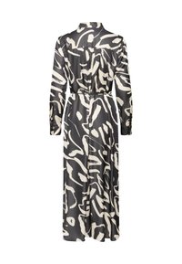 Langes, schwarz-weiß gemustertes Kleid mit einem Kragen, langen Ärmeln und tailliertem Schnitt. Glattes Material mit fließender Silhouette.