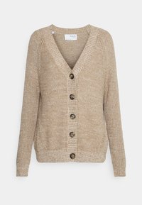 Beige stickad cardigan med V-hals, långa ärmar och ribbade mudd. Har fem stora runda knappar fram och textil med struktur.