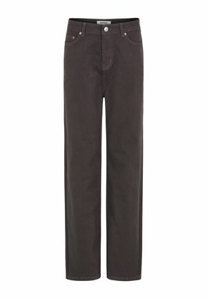 High-waisted, straight-leg jeans in dark gray cotton. Features front pockets, a zip fly, and contrasting stitching for added detail.
