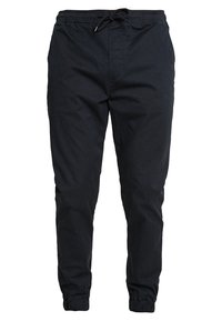 Pantalones jogger negros de tela ligera, con cintura elástica y cordón, y puños elásticos, diseñados para la comodidad.