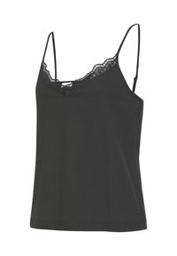 Black camisole top with thin adjustable straps and lace trim along the V-neckline, displayed on a white background.