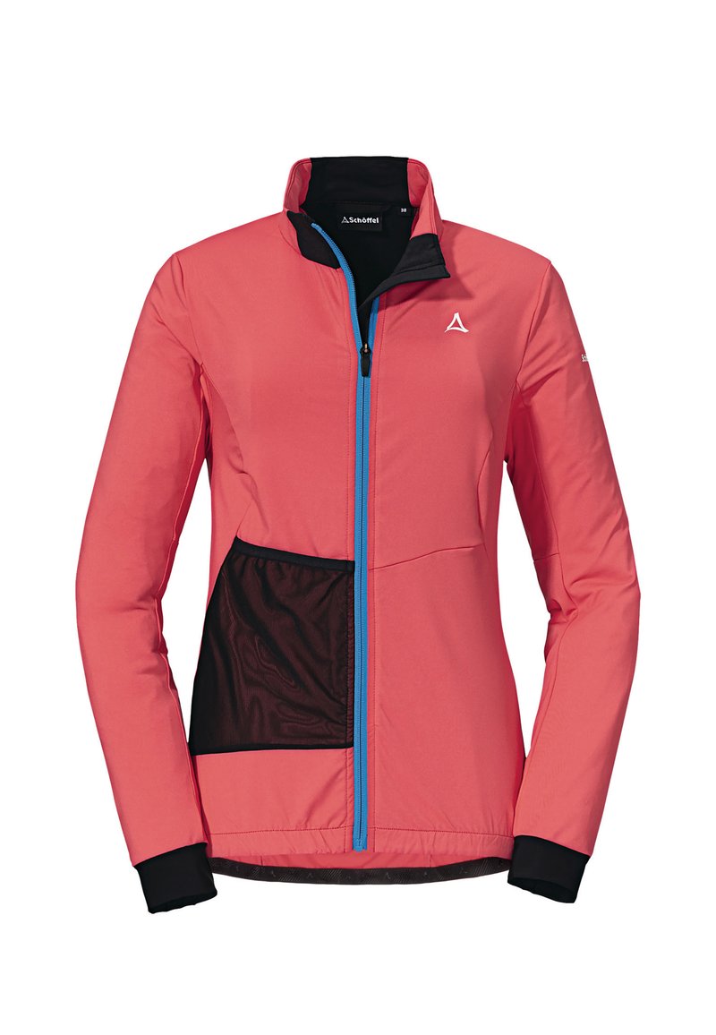 Damska koralowa kurtka softshell z niebieskim zamkiem błyskawicznym, czarną siateczkową boczną kieszenią, czarnymi mankietami oraz logo Schöffel na klatce piersiowej i wewnętrznej stronie kołnierza.