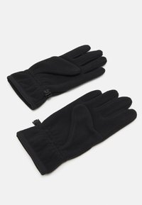 Mustat fleece-hanskat, joissa on teksturoitu pinta, joustava ranne ja pienet säädettävät klipsit. Viiden sormen muotoilu mahdollistaa tarkkuuden.