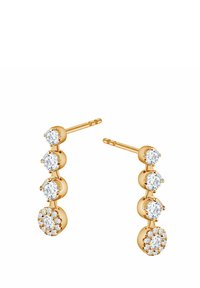 Złote kolczyki z trzema okrągłymi kamieniami z cyrkonii w pionowej linii, z większym kwiatowym kluczem na dole.