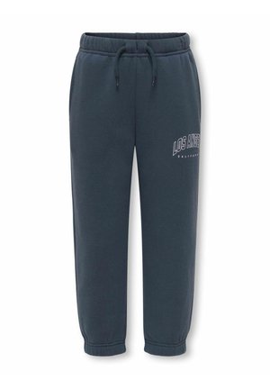Mørkeblå joggingbukser med elastisk talje og manchetter, snøre, sidelommer og "Los Angeles California" trykt på øverste venstre ben.