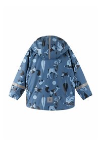 Giacca impermeabile blu con motivi di animali fantasiosi. Presenta un cappuccio, polsini elasticizzati e dettagli riflettenti. Texture morbida e liscia.