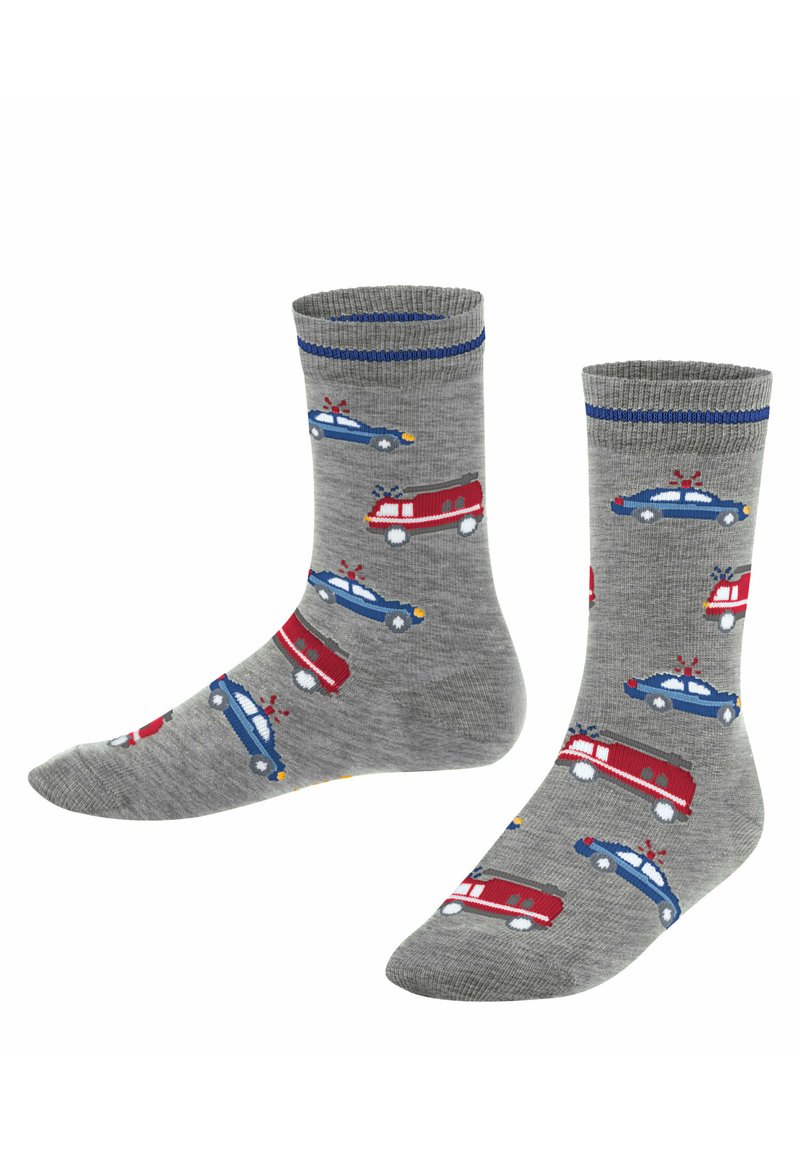 Graue Socken mit blauen und roten Einsatzfahrzeugen und gemustertem Design; gerippte Bündchen mit blauen Akzenten. Weiche Stricktextur.