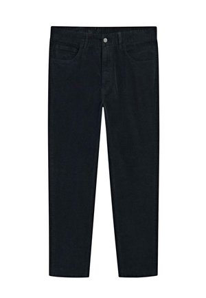 Black denim pants with a straight cut, featuring front pockets and a button closure. Smooth texture with minimal stitching detail.