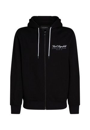 Black zip-up hoodie made of fleece material, featuring a drawstring hood, ribbed cuffs, and white logo detail on the chest.