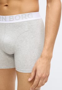 Οι γκρι βαμβακερές μπότες μπόξερ διαθέτουν λευκή ελαστική μέση με τη λέξη «BORG» τυπωμένη σε ανοιχτό γκρι. Το ύφασμα έχει απαλή, λεία υφή και είναι εφαρμοστό.