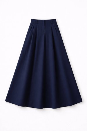 Granatowa spódnica do kolan o wysokim stanie, plisowanym kroju i gładkiej fakturze. Wykonana z lekkiego materiału odpowiedniego na różne okazje.
