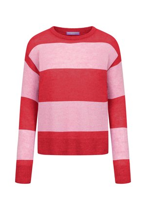 Rood en roze gebreide trui met brede horizontale strepen, lange mouwen, een ronde hals en geribbelde manchetten en zoom.