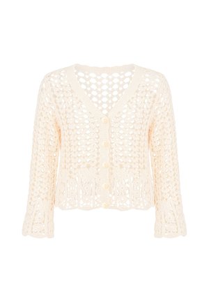 Gehäkelte cremefarbene Strickjacke mit langen Ärmeln, V-Ausschnitt, floralem Muster und fünf vorderen Knöpfen auf einfarbigem Hintergrund.