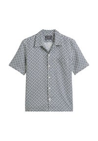 Camicia a maniche corte realizzata in tessuto con un motivo geometrico a stelle blu navy e bianche. Caratterizzata da una chiusura frontale con bottoni e un colletto.
