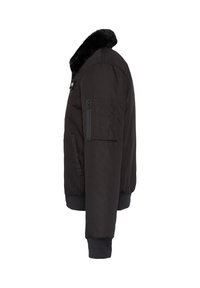 Giacca bomber nera con collo in pelliccia sintetica, polsini ed orlo elasticizzati, dotata di una tasca laterale con zip sulla manica e tessuto dalla texture liscia.