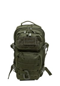Olive green tactical backpack with multiple compartments, adjustable straps, and a textured patch on the front. Features a carabiner clip.