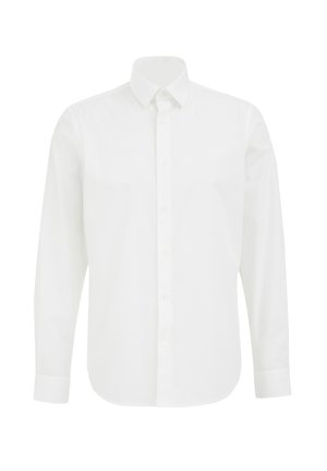 Valkoinen pitkähihainen paita, valmistettu sileästä puuvillakankaasta. Siinä on terävä kaulus ja nappikiinnitys edessä, suora helma ja napit hihansuissa.