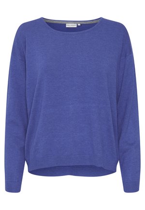 Kék, hosszú ujjú pulóver kerek nyakkivágással, laza szabással, bordázott aljjal és mandzsettákkal, puha kötött anyagból készült, sima felülettel.