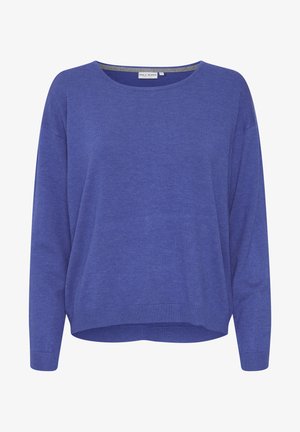 Maglione lungo azzurro con maniche lunghe, scollatura rotonda, vestibilità comoda, orlo e polsini a costine, realizzato in morbido tessuto lavorato a maglia, con una texture liscia.