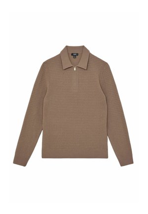 Suéter de punto marrón con cuello con cremallera, que presenta un patrón de cuadrícula texturizado y un cuello estructurado. El material es suave y flexible.