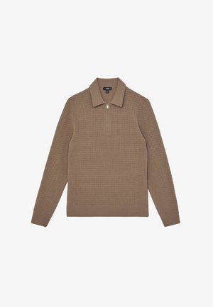 Barna kötött pulóver, zipzáros nyakkal, amely textúrált rács mintával és strukturált gallérral rendelkezik. Anyaga puha és rugalmas.
