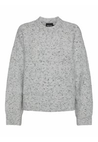 Pull tricoté gris clair moucheté avec manches longues, poignets côtelés et encolure ronde côtelée, étiquette "Pieces" à l'intérieur du col.