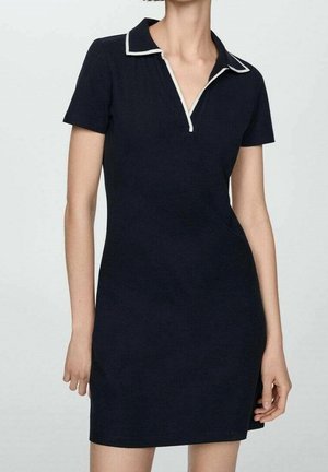 Robe courte à manches courtes de couleur marine avec un col, ornée d'une bordure blanche et d'une silhouette ajustée, confectionnée dans un tissu texturé.