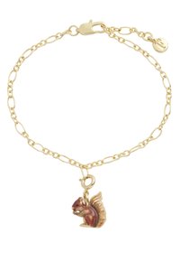Gold-tone chain bracelet featuring a squirrel charm with red and brown detailing, glossy finish, and a secure clasp for closure.