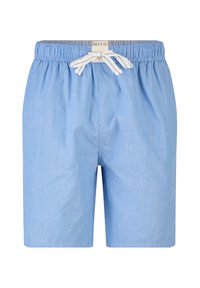 Pantalones cortos de algodón azul claro con rayas blancas, cintura elástica y cordón ajustable. El diseño frontal es simple y sin adornos.