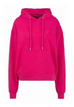 Fuchsia pullover hoodie van zachte katoen, met een voorzak, trekkoorden en een grote, relaxte pasvorm met geribbelde boorden.