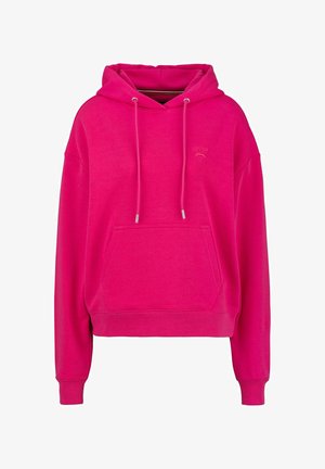 Fuchsia pullover hoodie van zachte katoen, met een voorzak, trekkoorden en een grote, relaxte pasvorm met geribbelde boorden.